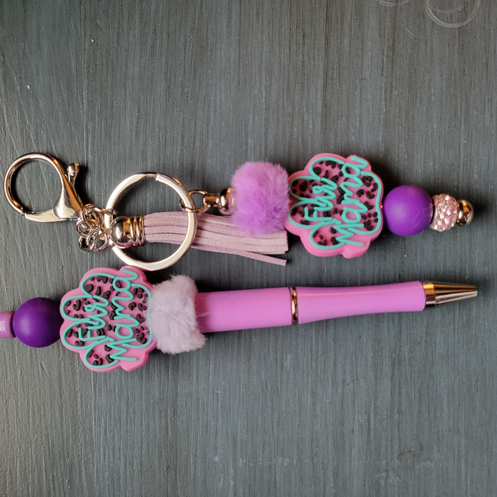 Purple and Pink Keychain and Pen Set
